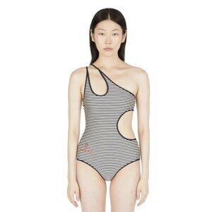 NEW GUCCI STRETCH-JERSEY WEAVE LOGO EMBROIDERY CUT-OUT Striped SWIMSUIT Sz XL
